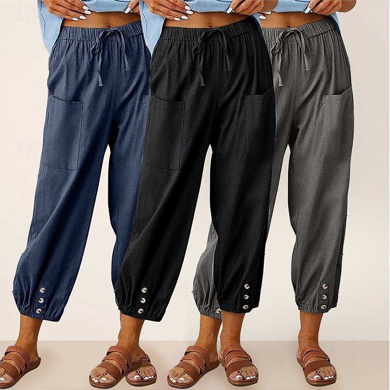 Conjunto com 3 calças capri femininas de algodão, ideais para o verão, casuais, básicas, cintura alta, lisas, com bolsos, cintura elástica, confortáveis, respiráveis, sem elasticidade, para uso diário, em casa e nas férias, nas cores azul, azul marinho e  de 2026 por $47.99 –P3