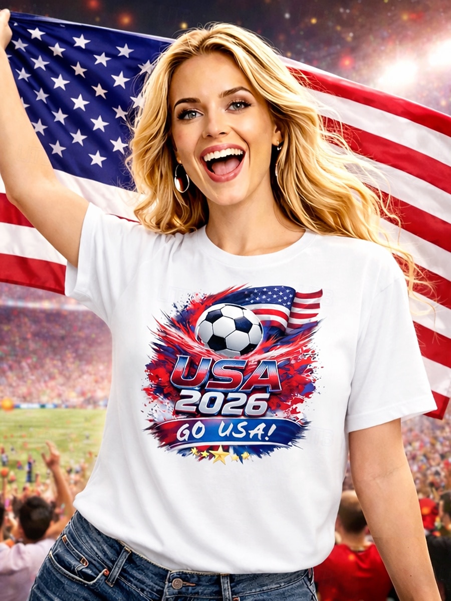 Damen-Fußball-T-Shirt mit Grafikprint, stylisch, klassisch, lässig, Kurzarm, Rundhalsausschnitt, normale Passform, Oberteil für Freizeit, Sport, blau, schwarz, weiß, rot, grün, Sommer, Frühling 2026 - $21.99 –P5
