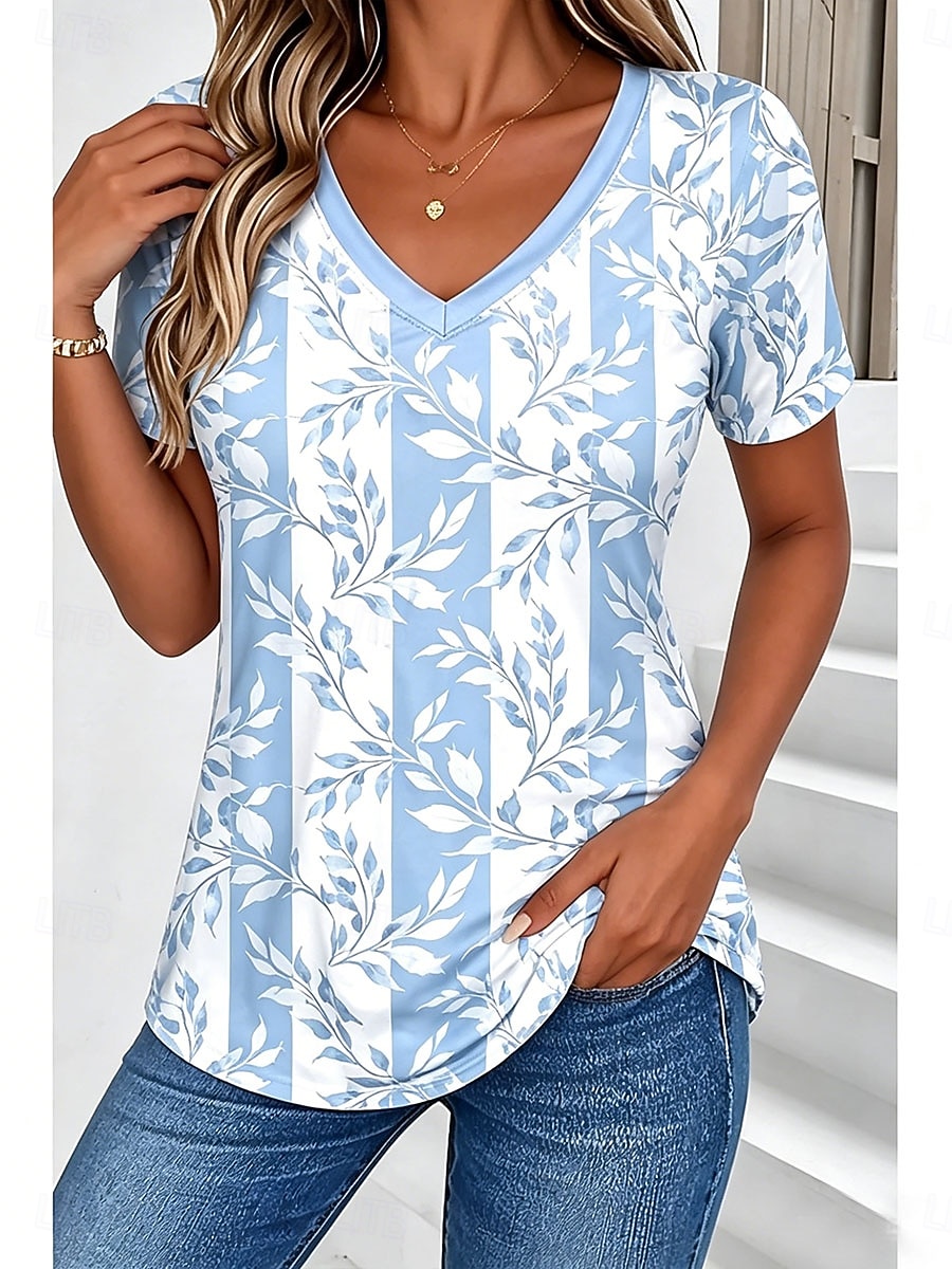 Mulheres Camiseta Imprimir Floral Gráfico Plantas à moda Clássico Casual Manga Curta Decote V Tops regulares Diário Azul Rosa Verde Verão Primavera de 2026 por $21.99 –P4