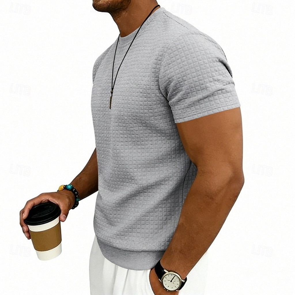 Herre Vaffel T-skjorte T skjorte Kortermet skjorte T-skjorte Kortermet Crew-hals Sommer Vår Helfarge Gatemote Stilfull Sportslig Jacquard Daglig utendørs Feriereise Hvit Svart Mørkegrå Topp T-skjorte 2026 - $20.99 –P7