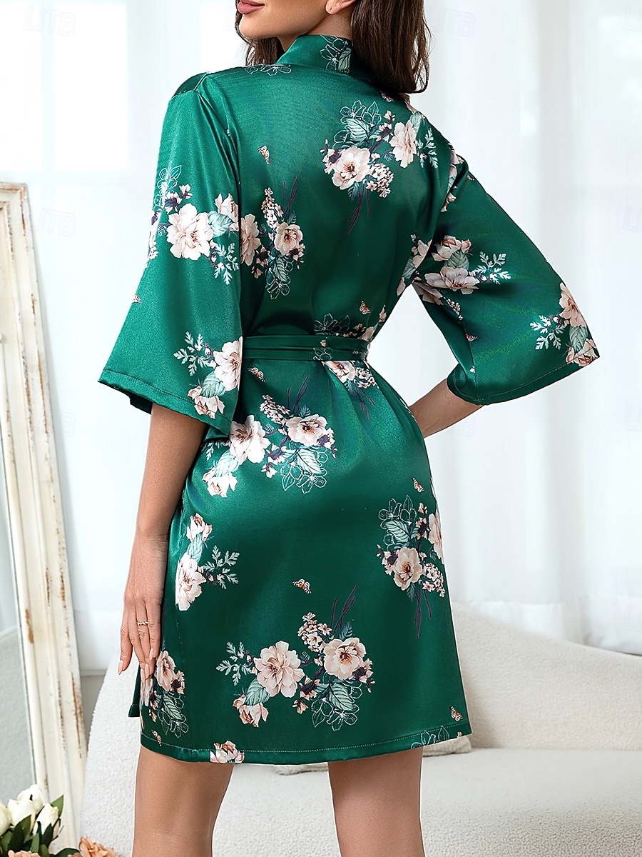 Damen Freizeitkleidung Robe Nachthemd Mode Lässig Blumen Grafik Satin-Seidenpyjamas Patchwork Kleid Urlaub Straße Date Langarm Rundhalsausschnitt Grün Sommer Frühling Normale Passform 2026 - $19.99 –P4