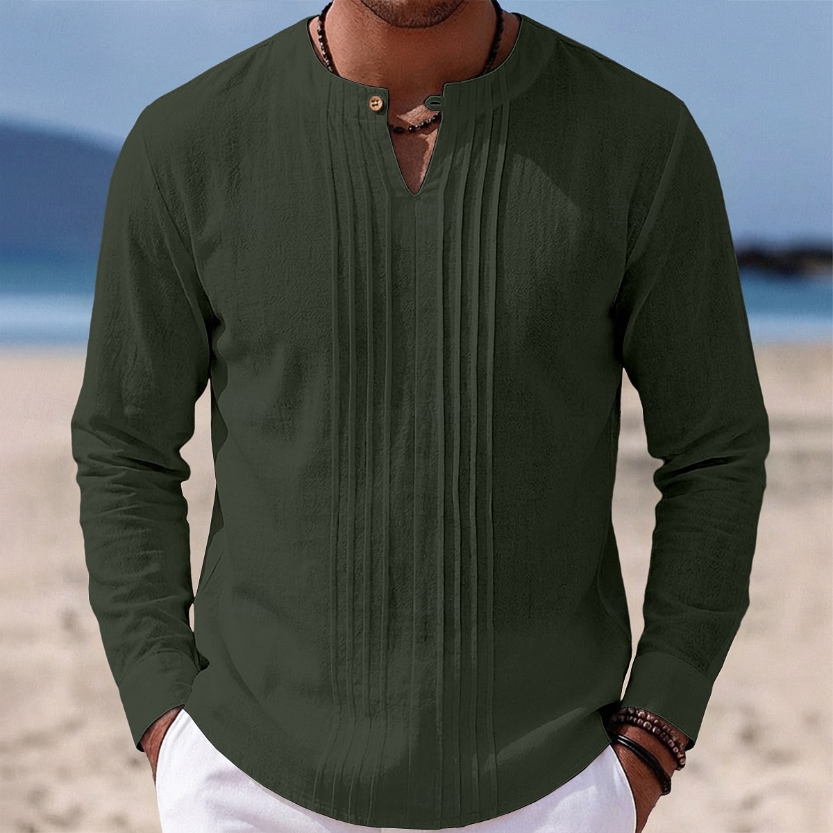 Férfi Ing Vászon ing Nyári póló Stranding Tömör szín Hétköznapi Vakáció Medence Fekete Fehér Khakizöld Hosszú ujj Mandarin gallér Nyár Tavasz Ruházat Fodrozott 2026 - $25.99 –P8