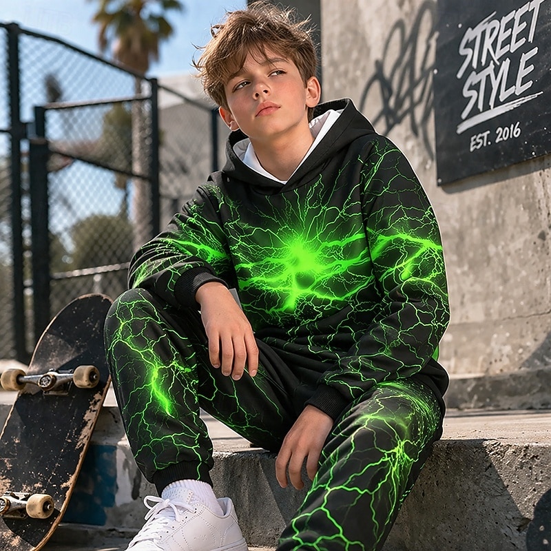 Boys' 3D Graphic Lightning Hoodie & Sweatpants Set Sports Suit Tracksuits Long Sleeve 3D Print Spring Fall Sports Fashion Casual Kids 4-12 Years Hooded Outdoor Street Regular Fit 2026 - $32.99 –P2