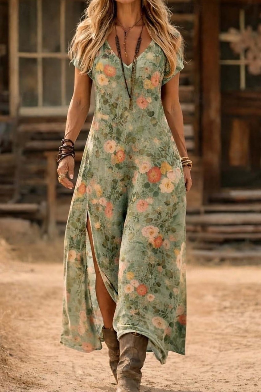 Women's Maxi Dress Boho Sundress A Line Dress Vacation Casual Boho Beach Going out Regular Fit Floral Graphic Short Sleeve V Neck Blue Light Green Summer Spring 2026 - $29.99 –P1