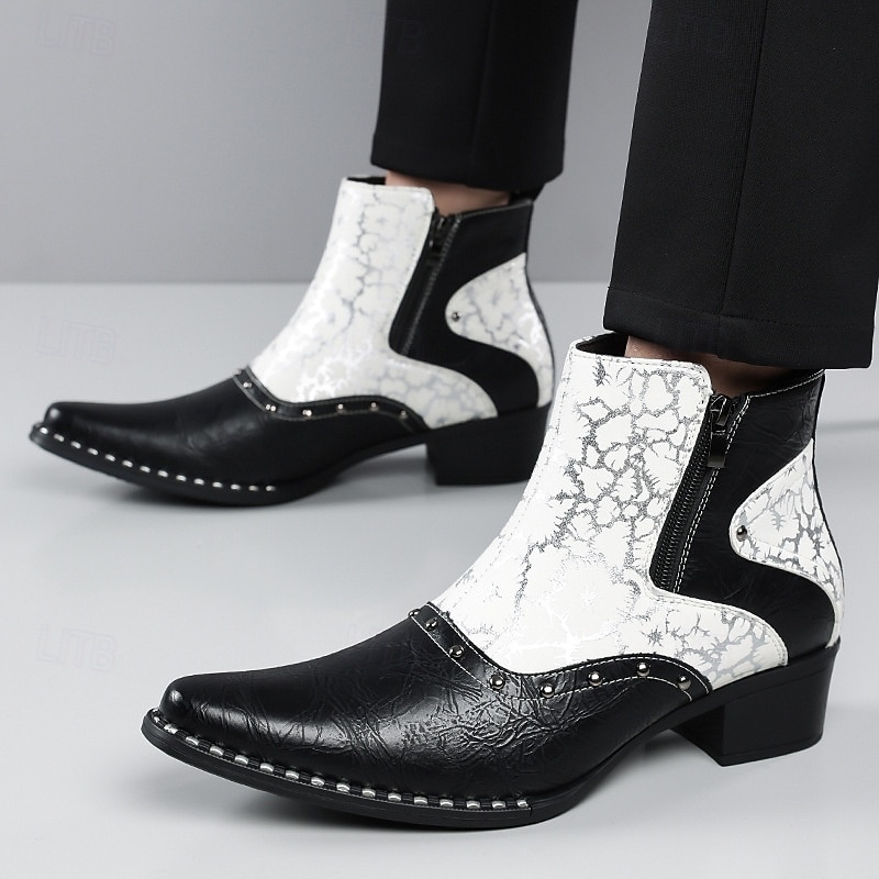 Stivaletti da uomo in stile western bianchi e neri con cerniera laterale, stivali da cowboy a punta per uomini eleganti, ideali per festival musicali, feste, spettacoli teatrali e outfit alla moda. del 2026 a $64.99 –P7