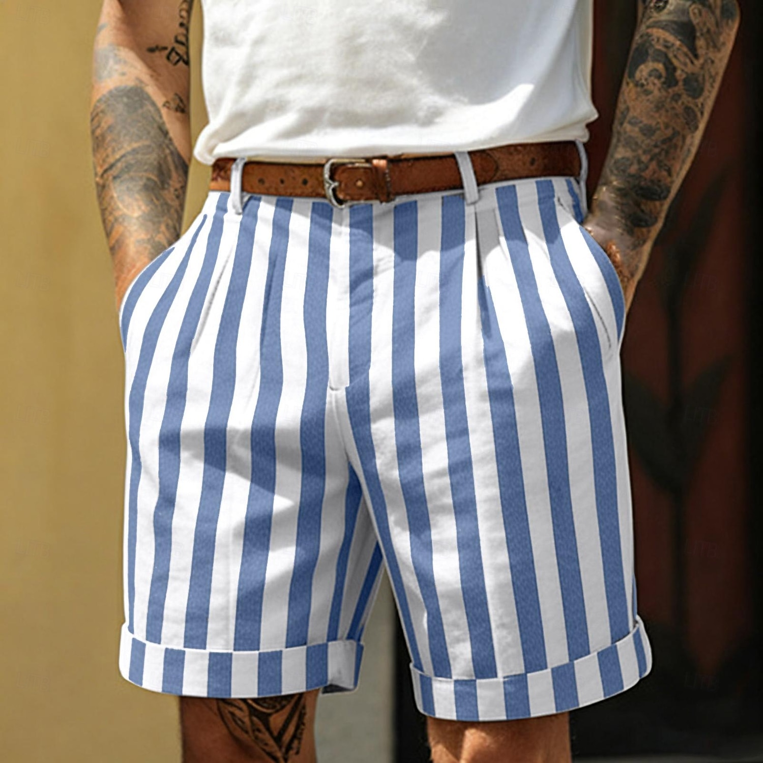 Hombre Pantalón corto Pantalones cortos de lino Pantalones cortos de verano Pantalones cortos de playa Bolsillo Cintura elástica A Rayas Comodidad Transpirable Longitud de la rodilla Casual Diario 2026 - $24.99 –P6