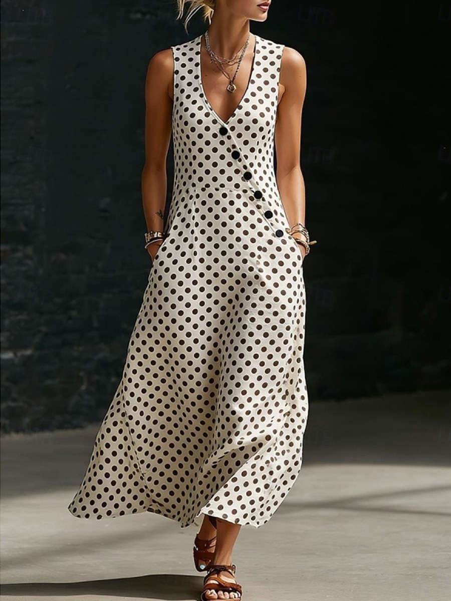 Pentru femei Rochie Maxi Rochie de Vară Rochie casual Rochie A line Elegant Vacanță Stilat Plajă Concediu Fit regulat Grafic Geometric Buline Fără manșon În V Alb Galben Vară Primăvară 2026 - $41.99 –P2