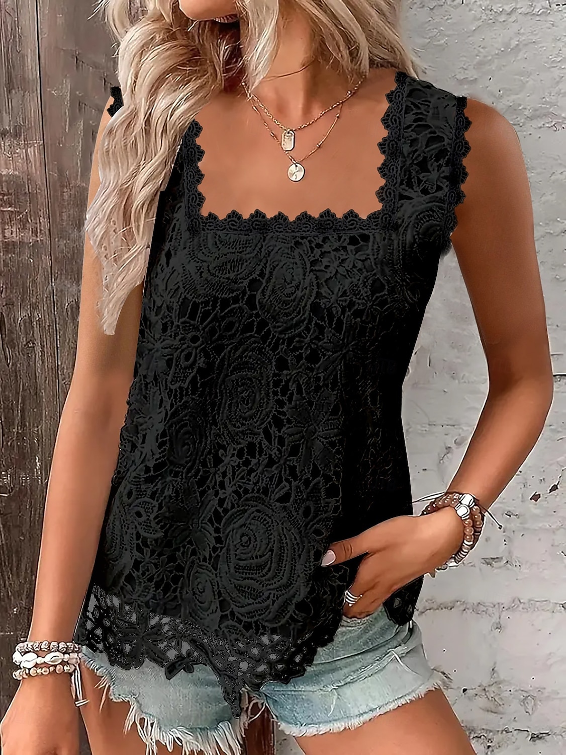 Dame Blonde topper Blonde Lapper عادي Elegant Mote Stilfull Ermeløs Firkantet hals Vanlige topper Daglig Ut på byen Helg Blå Svart Hvit Rosa Rød Sommer Vår 2026 - $21.99 –P6