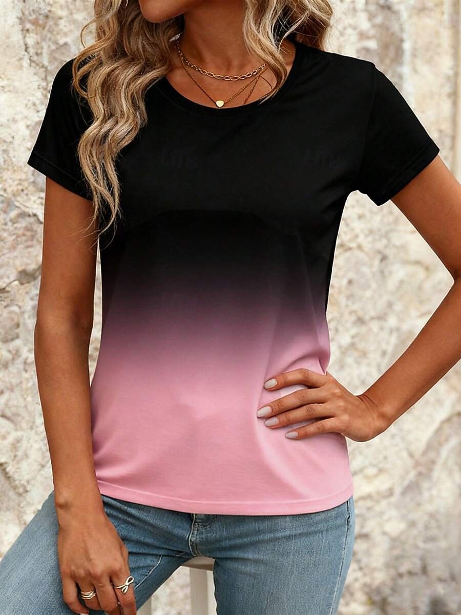 Femmes T-shirt Imprimé A Ombre Graphique Élégant Classique Occasionnel Manche Courte Col ras du cou Col rond Hauts Réguliers Quotidien Rose Claire Été Printemps de 2026 ? $22.99 –P3