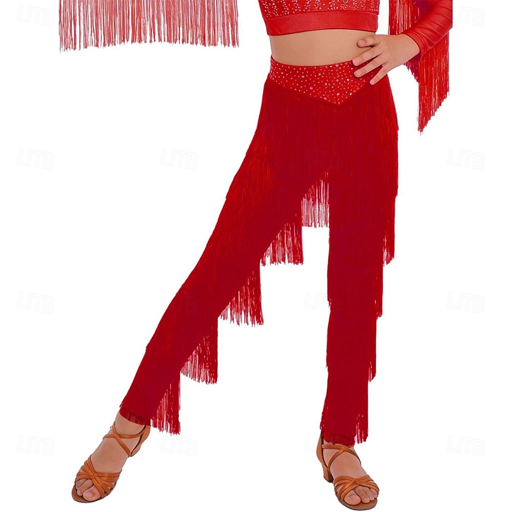 Pantalones latinos rojos con flecos - ropa de baile con borlas escalonadas y ribete de lentejuelas para baile de salón & escenario 2026 - $73.99 –P1