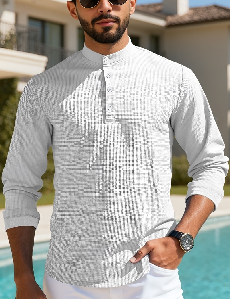 Herren T Shirt Waffel-Henley-Hemd Henley Hemd Langarmshirt Langarm Henley Sommer Frühling Einfach Mode Streetwear Freizeit Knöpfe Lässig Täglich Urlaub Blau Schwarz Weiß Top T-Shirt für Herren 2026 - $24.99 –P14