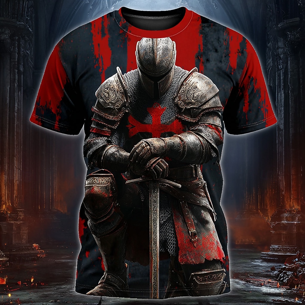 Maglietta Uomo Crociati Cavaliere Templare Medievale in Ginocchio Croce Rossa Spada Schizzo di Sangue Guerriero Gotico Vintage Retro T-Shirt Stampa Totale Regolare Fit Casual Stile da Strada Designer del 2026 a $18.99 –P1