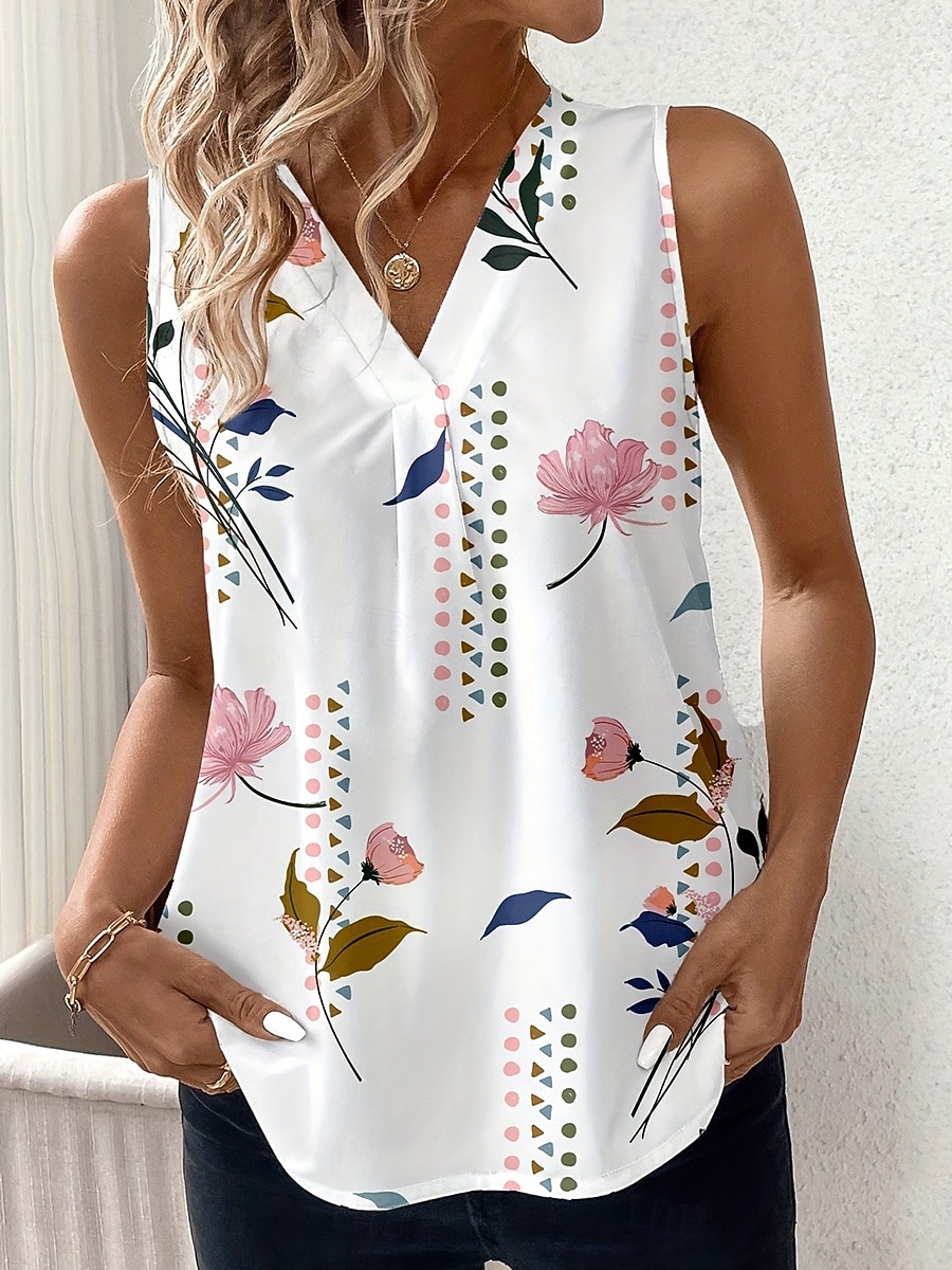 Dames Singlet Bloemig Grafisch Planten Elegant Vintage Stijlvol Mouwloos V-hals Normale tops Dagelijks Wit Blozend Roze Zomer Lente 2026 - $22.99 –P2
