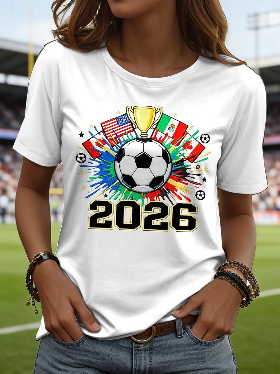 2026年 女性用 Tシャツ プリント グラフィック サッカーチーム スタイリッシュ クラシック カジュアル 半袖 クルーネック レギュラートップス 日常 ブルー ブラック ホワイト ルビーレッド 夏 春  コレクション – $21.99 –P1