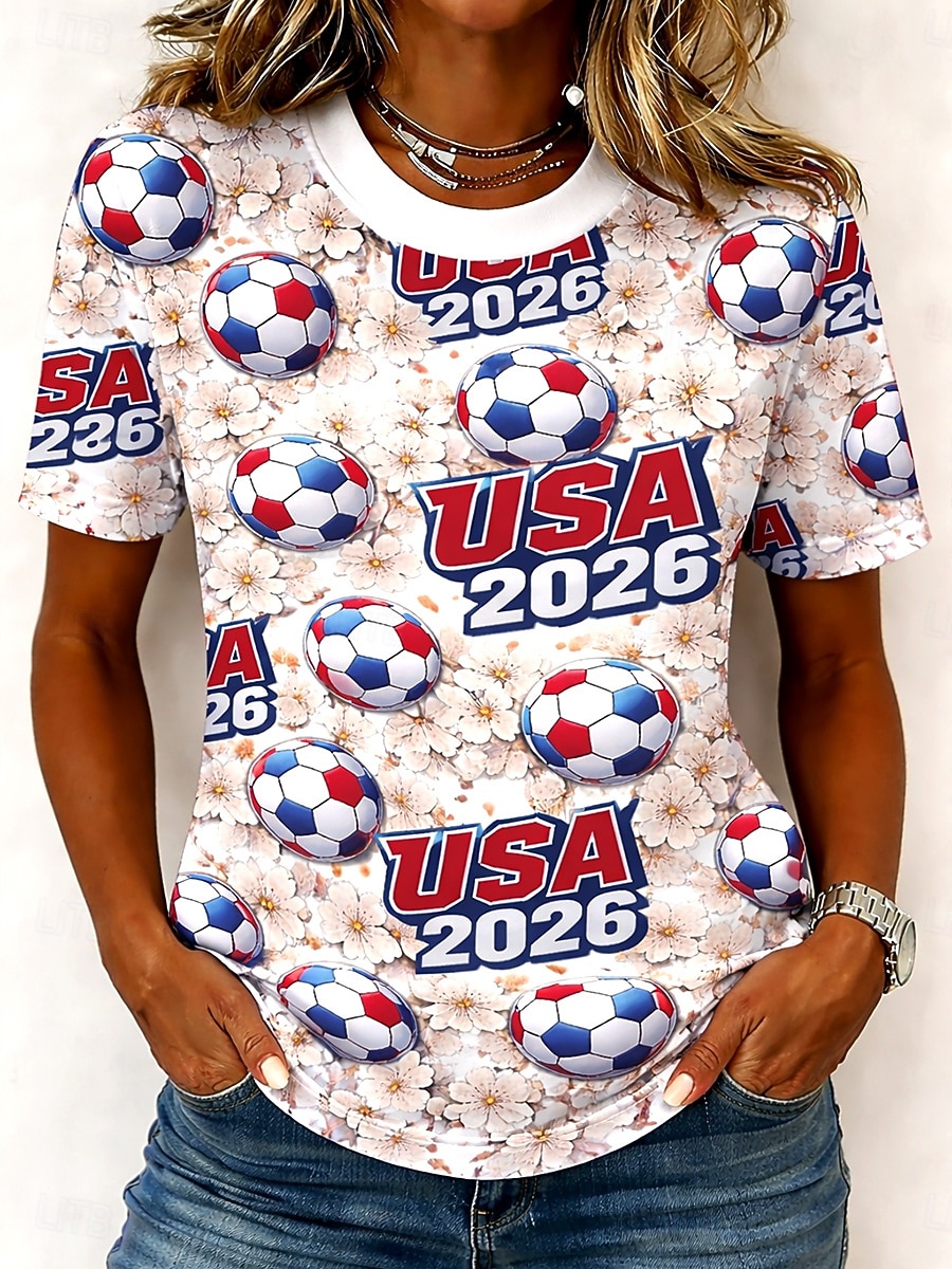 Tricou damă meciul mondial de fotbal 2026 imprimeu grafic echipă de fotbal vintage elegant clasic mânecă scurtă guler rotund topuri obișnuite casual zilnic bej vară primăvară 2026 - $21.99 –P1