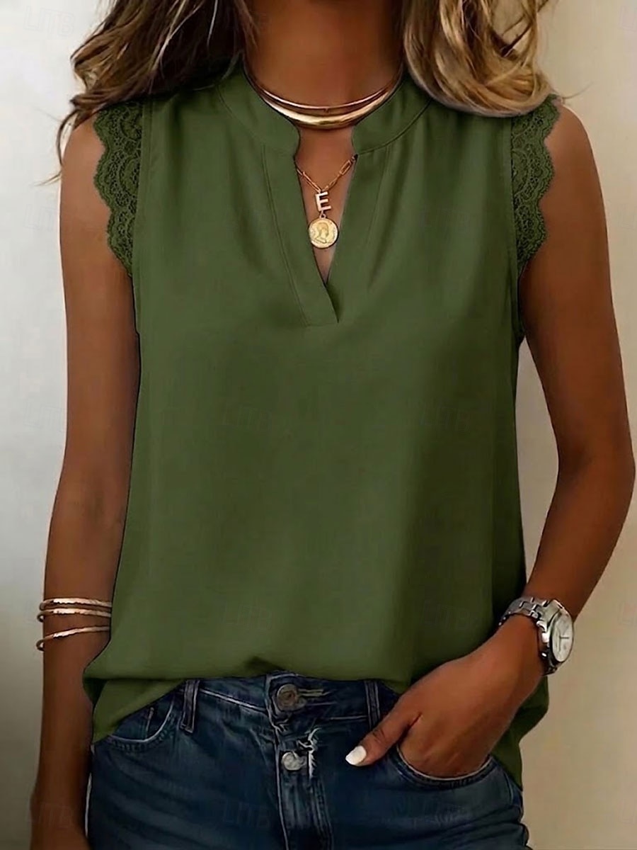 Dames Kanten overhemd Blouse Chiffon-topjes Lapwerk Effen Elegant Vakantie Mouwloos V-hals Lange tops Casual Wit patron Blozend Roze Groen Beige Zomer 2026 - $26.99 –P9