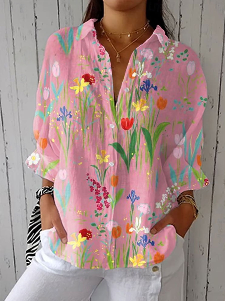Dames Overhemd Bloemig Grafisch Elegant Vakantie Stijlvol 3/4 mouw Overhemdkraag Normale tops Casual Dagelijks Werk blauw Blozend Roze Paars Groen Zomer Lente 2026 - $39.99 –P6