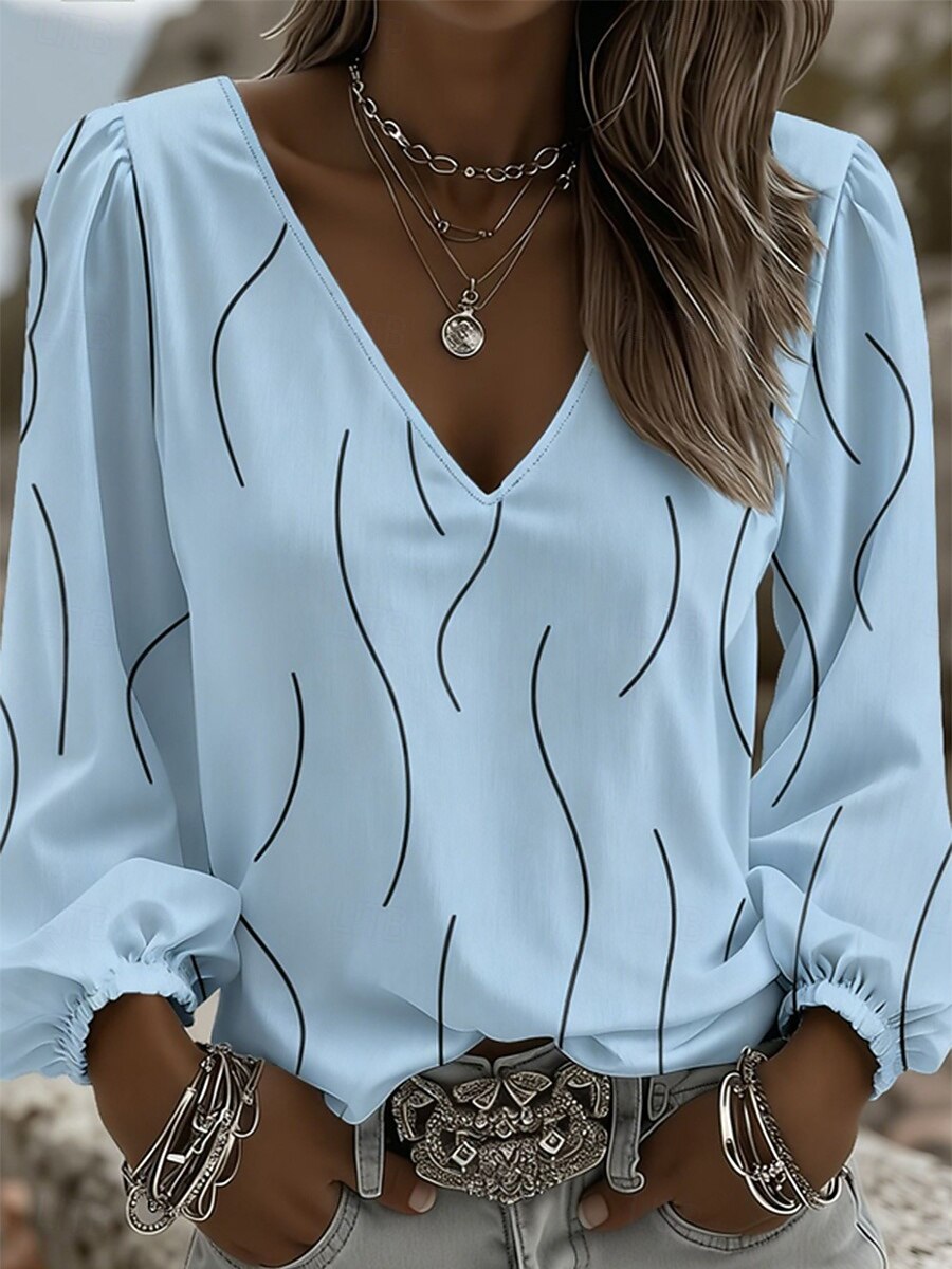 Mujer Camisa Estampado Graphic Geométrico Bohemia Vacaciones Vintage Manga Larga Manga de la linterna Escote en Pico Tops regulares Casual Diario Festivos Azul Piscina Blanco Amarillo Rosa Verde 2026 - $32.99 –P3
