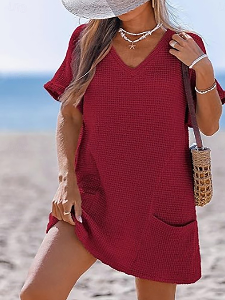 Жен. Купальники Накидка Купальное платье Платья купальник Пэчворк Карман Отпуск Одежда для пляжа Полотняное плетение V-образный вырез Короткие рукава Купальники 2026 - BHD 9.2 –P5