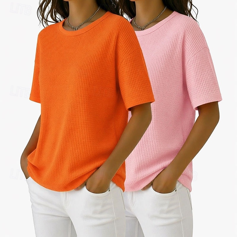 Набор из 2 женских футболок с вафельной текстурой, вафельный трикотаж, однотонные, стильные, базовые, классические, с коротким рукавом, круглым вырезом, стандартного кроя, повседневные, пляжные, розовые+оранжевые. 2026 - $41.99 –P3