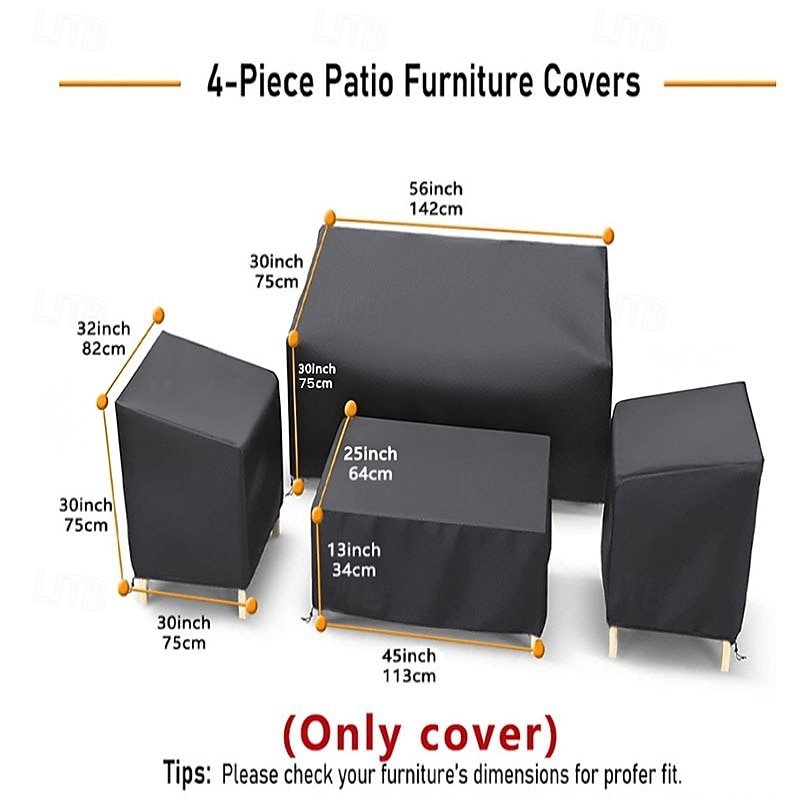 Capa impermeável para móveis de exterior, conjunto de 4 peças para sofá, cadeiras de jardim e mesa de centro, resistente ao vento com fivela, preta. de 2026 por $64.05 –P9