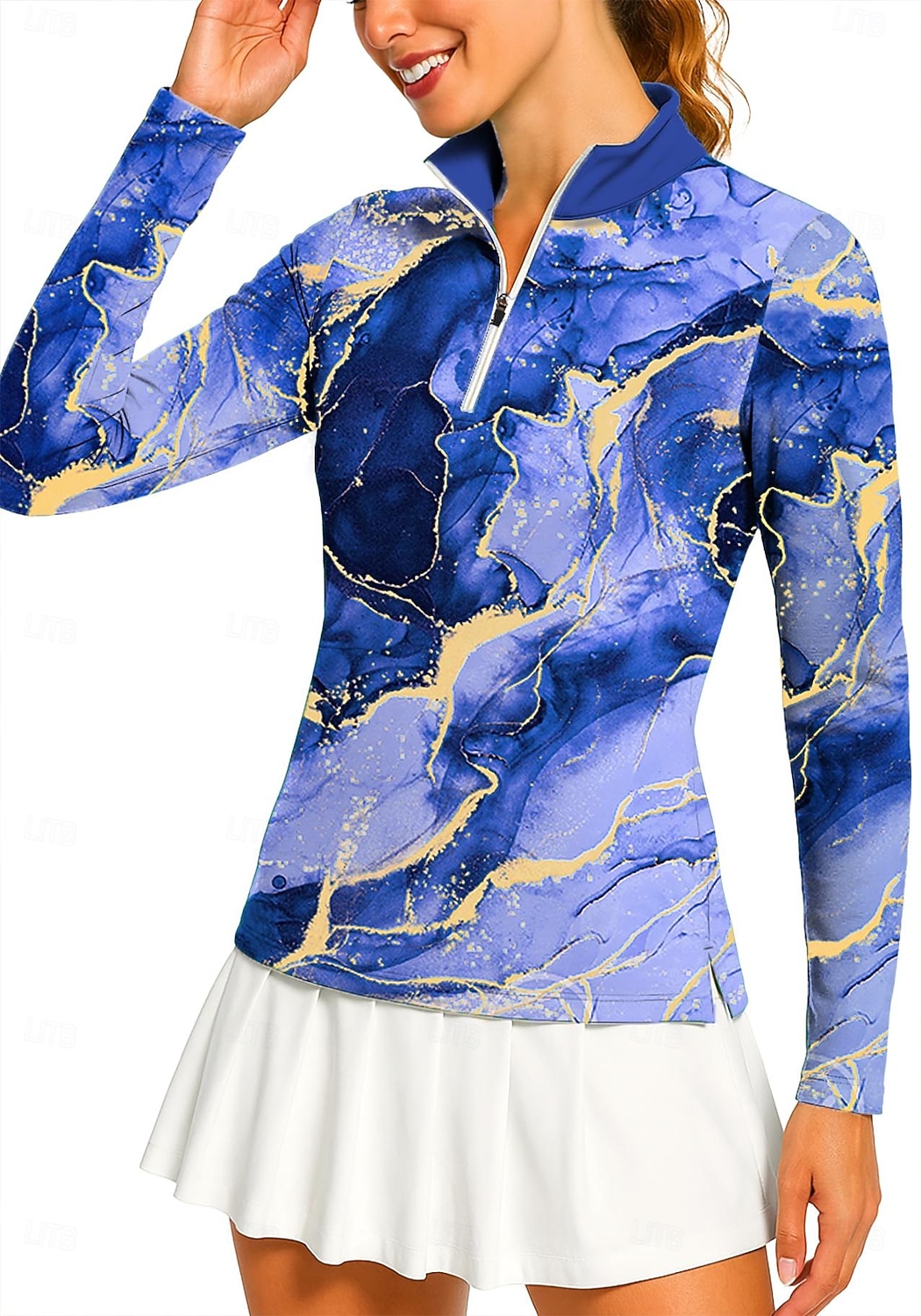 Damen Marmor Golf-Poloshirt Tennis Shirt Tennis-T-Shirt Langarm Druck Viertel Postleitzahl Pullover UV Schutz Elastisch Atmungsaktiv Volleyball Tennis Golfspiel Stehkragen Reißverschlusskragen Hemd 2026 - $25.99 –P4