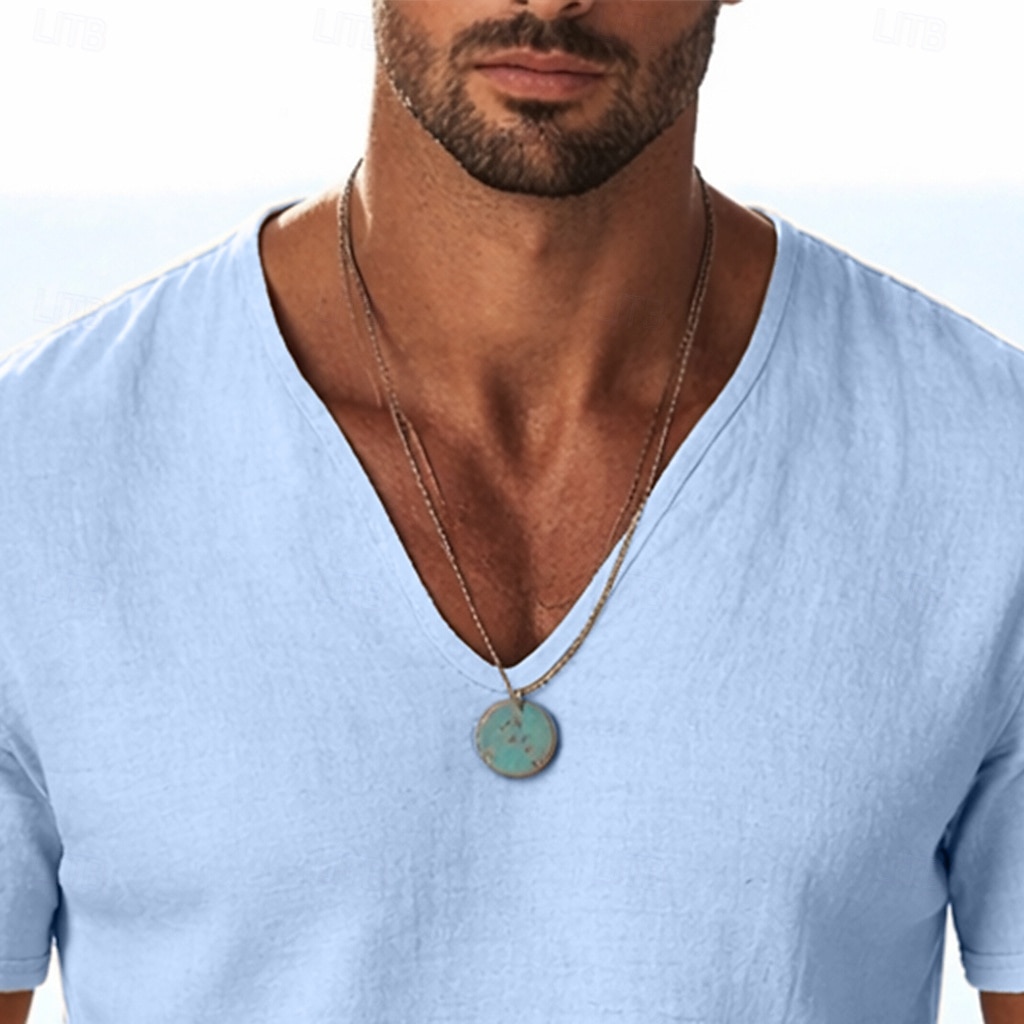 Hombre Camiseta Camisa manga corta Camiseta superior Camiseta de lino Manga Corta Escote en Pico Escote Primavera verano Verano Primavera Color sólido Plano Ropa de calle Elegante Ocio Clásico Puro 2026 - $21.99 –P3