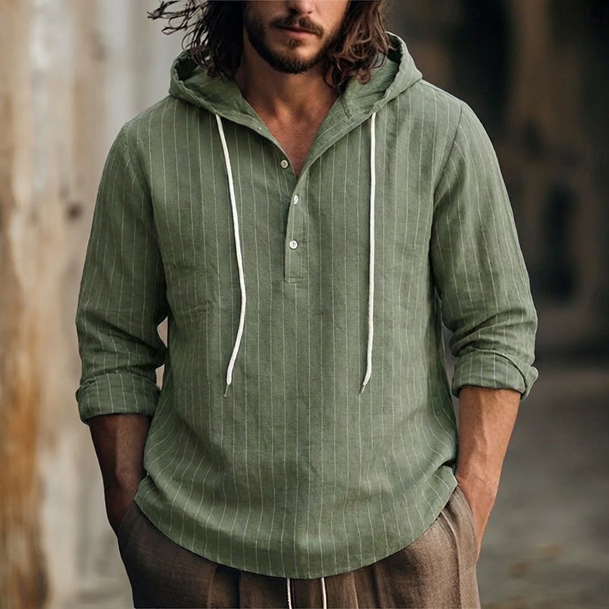 Homme Chemise Chemise en lin Chemise d'été Tenue de plage Chemise à capuche Chemises à rayures Bandes verticales Occasionnel Vacances Noir Blanche bleu marine Vert manche longue Sweat à Capuche Ét de 2026 ? $26.99 –P5