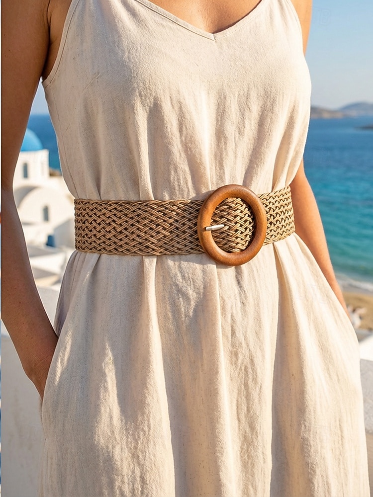 Boho-Taillengürtel für Damen, mehrfarbiger, elastischer Flechtgürtel mit runder Vintage-Holzschnalle – ideal für Strandurlaub, Sommerresort und lässigen Alltag. 2026 - $11.99 –P2