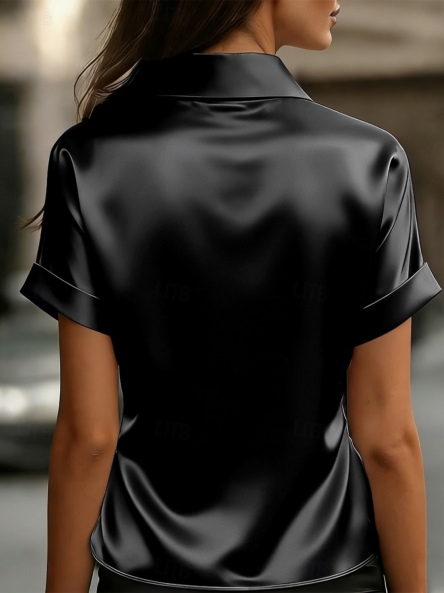 Dames Satijnen overhemd Blouse Effen Kleur Elegant Stijlvol Basic Korte mouw Overhemdkraag Normale tops Casual Dagelijks Kantoor blauw Zwart Rood Abrikoos Zomer Lente 2026 - $25.99 –P7