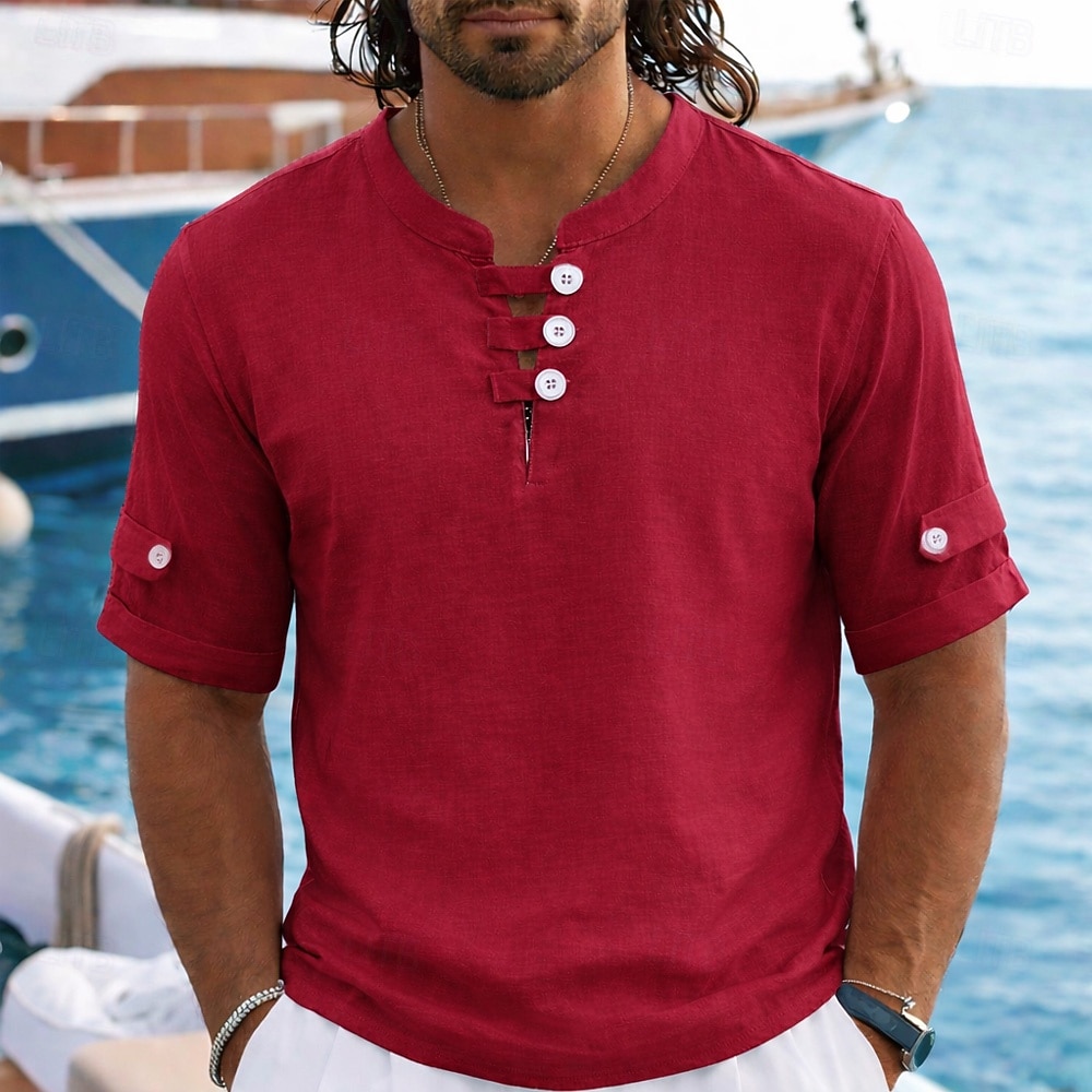 Per uomo Camicia di lino Polo Casuale Vacanza Senza colletto Manica Corta Vacanza Moderno Semplice Blocco di colore Bottoni Estate Primavera Blu Bianco Giallo Rosso Grigio Camicia di lino del 2026 a $10.49 –P4