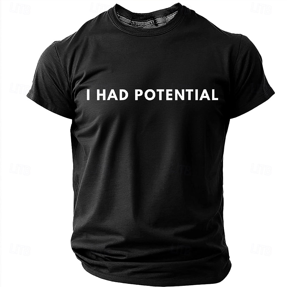 Heren T-shirt met de tekst "I had potential" (grappig, sarcastisch, minimalistisch, meme), normale pasvorm, begaafd, kind, burn-out, humor, casual, dagelijkse designerkleding, maten S, M, L, XL, XXL, 2026 - $19.99 –P2