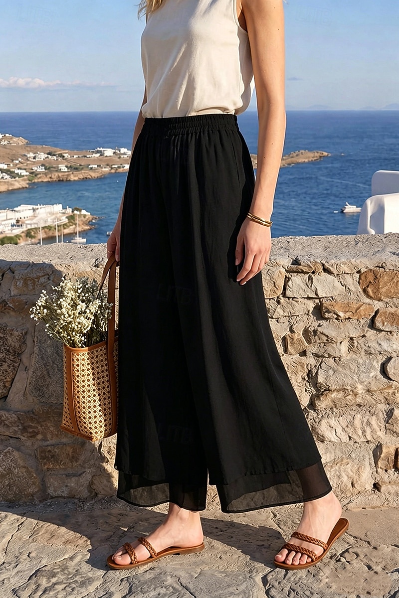 Per donna Gamba larga Pantaloni Vacanza Streetwear Leggero Lunghezza intera Vita Alta Semplice Elastico in vita Taglio alto Comodità Traspirabilità Confortevole Elasticizzato All'aperto Vacanza del 2026 a $22.99 –P7