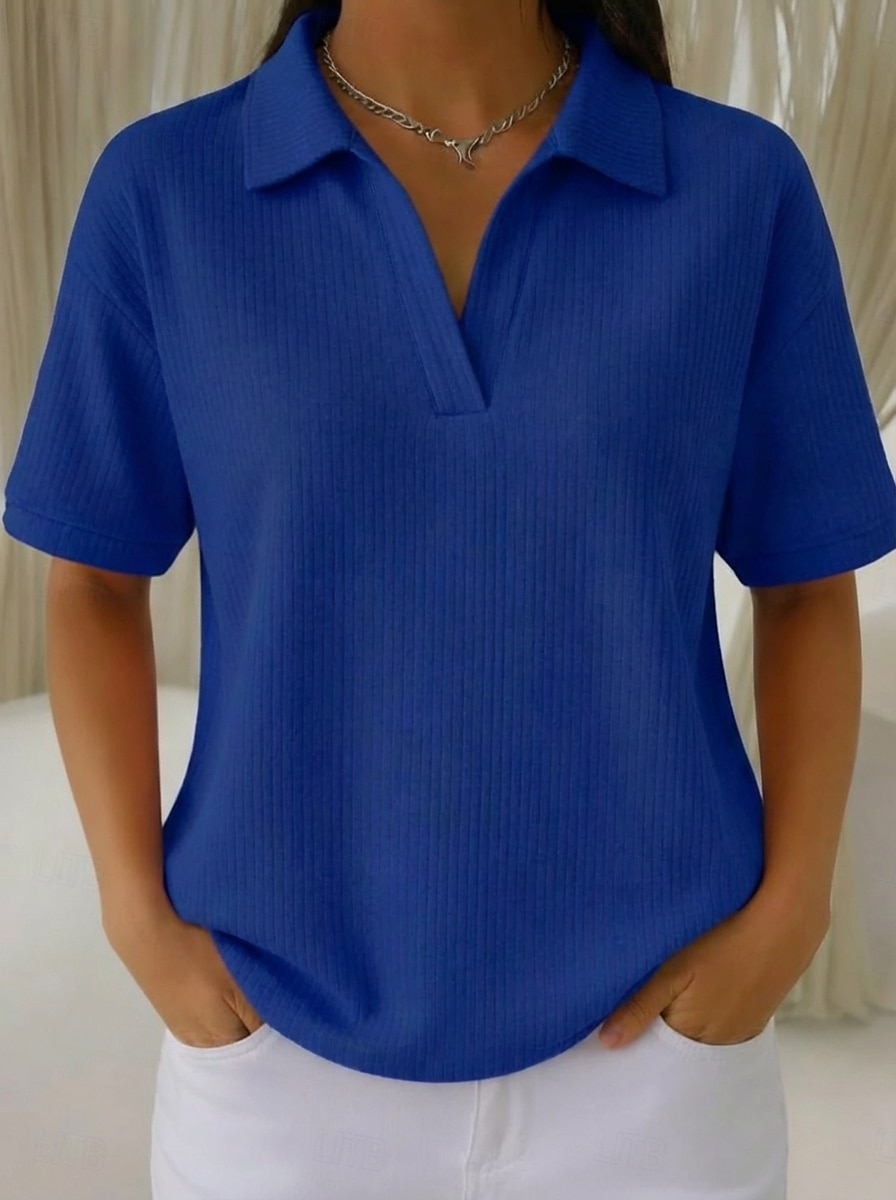 Női 100% pamut oversized bordázott kötött felsők póló Tee ejtett vállú stílusos alkalmi rövid ujjú V nyakú inggallér normál felsők napi szórakozás nyaralás viselet kék fehér narancs zöld világoskék 2026 - $26.99 –P5