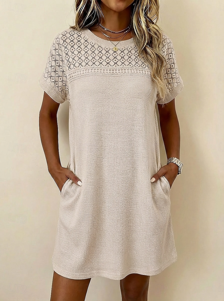 Mulheres Minivestido Vestido de renda Vestido Waffle Vestido T shirt Básico Clássico Diário Férias Normal Tecido Manga Curta Gola Redonda Preto Branco Rosa Damasco Verão Primavera de 2026 por $27.99 –P4