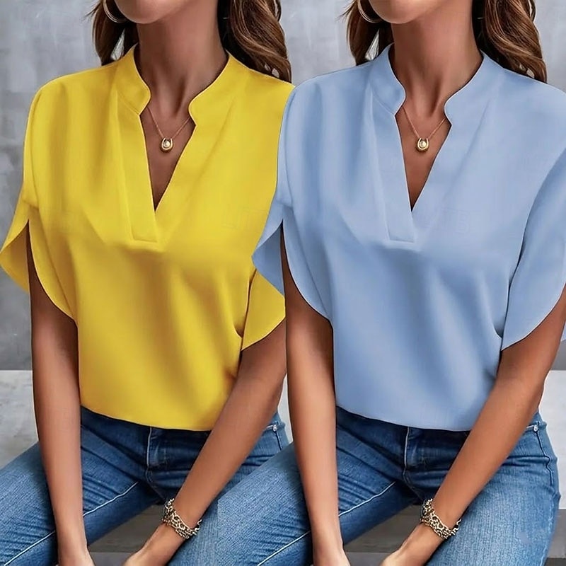 Multi Packs 2pcs Women's V Neck Short Sleeves Yellow+Blue Blouse Jeans Sexy Plain Solid / Plain Color Casual Daily Spandex Summer 2026 - $31.99 –P6