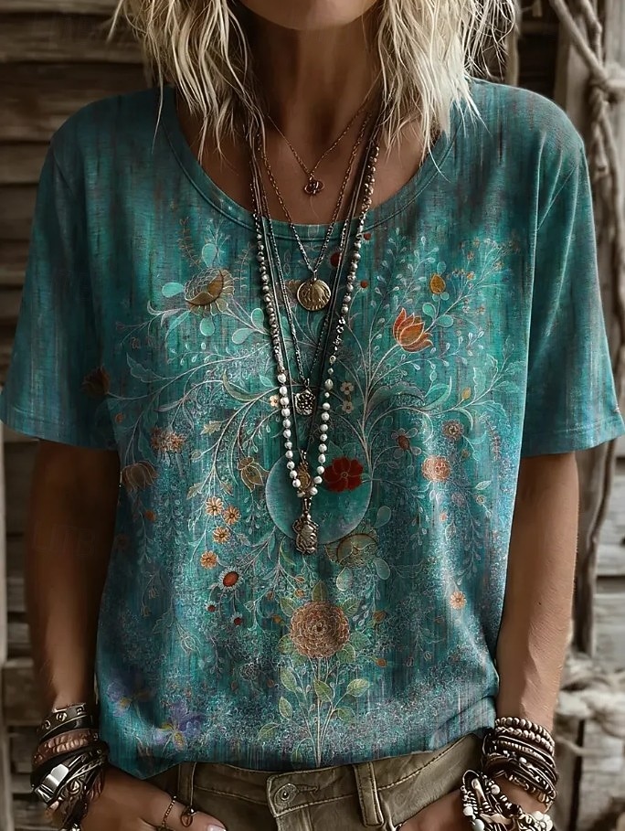 Dames T-shirt Afdrukken Bloemig Grafisch Planten Vintage Stijlvol Casual Korte mouw V-hals Normale tops Casual Dagelijks Weekend blauw Blozend Roze Int Blauw Groen Zomer Lente 2026 - $21.99 –P1