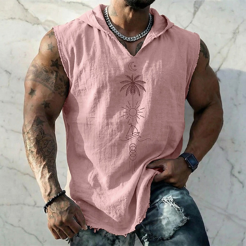 Herrenweste mit geometrischem, maritimem Palmen-, Sonnen- und Segelbootmuster im Boho-Stil, ärmellos, mit Kapuze, aus Baumwoll-Leinen-Mischgewebe, ausgefranstem Saum, lockerer Passform, ideal für 2026 - $19.99 –P3