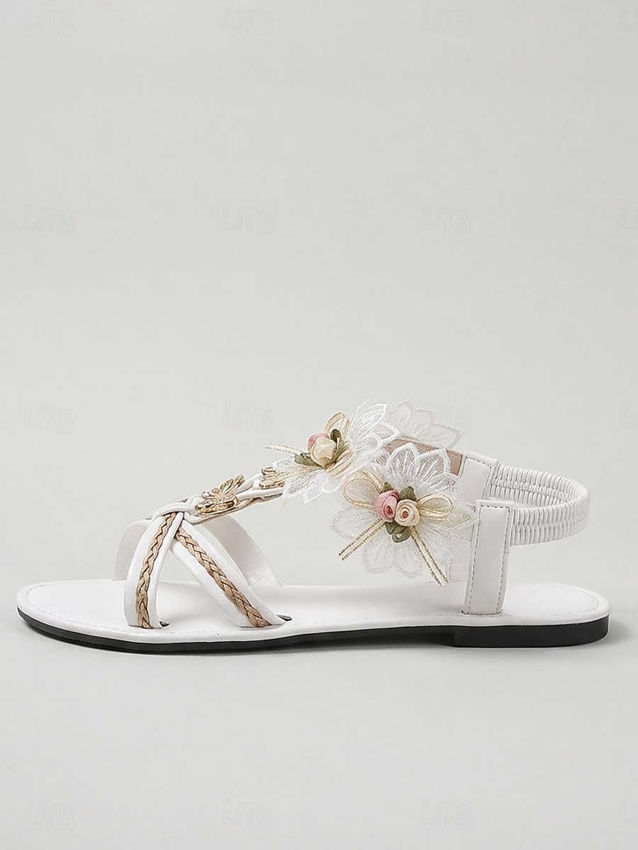 Sandalias de playa blancas románticas para mujer: cómodas chanclas planas con detalle de flor en 3D para vacaciones de verano, bodas en la playa y ropa de resort tropical. 2026 - $26.99 –P3