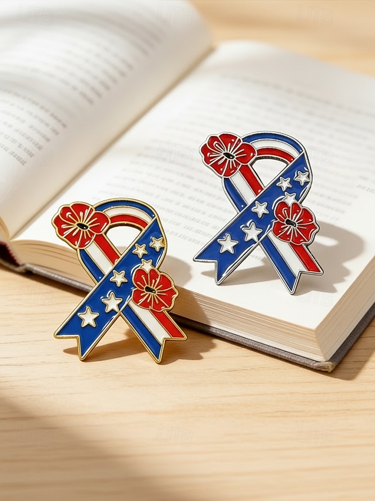 Damesbrocheset met legering lint en bloemmotief, gouden en zilveren patriottische reversspelden voor de viering van 250 jaar Amerika, Onafhankelijkheidsdag, feestelijke avondkleding en feestelijke 2026 - $7.99 –P6