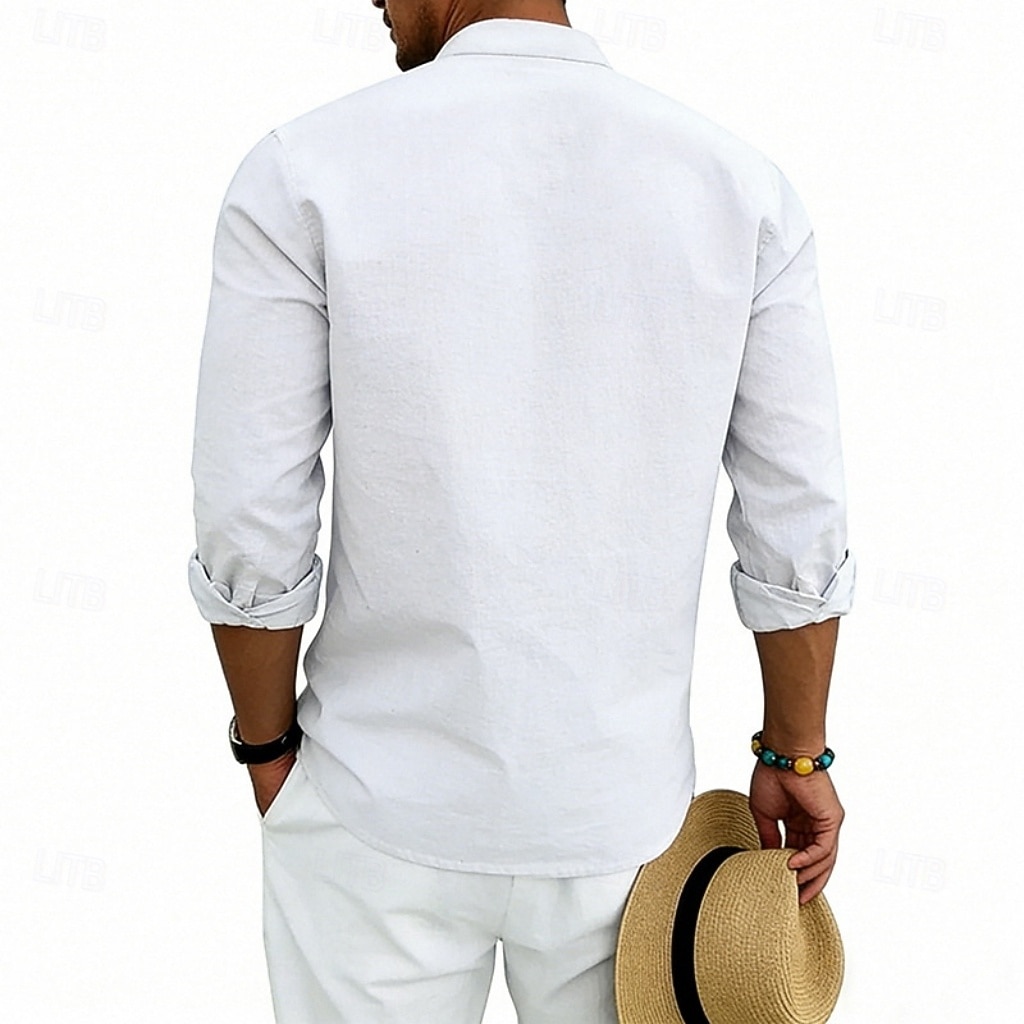 Men's Shirt Linen Shirt Popover Shirt Summer Shirt Beach Shirt Geometric Casual Vacation Black White Pink Navy Blue Long Sleeve Stand Collar Summer Spring Clothing Apparel Buttons 2026 - $25.99 –P10