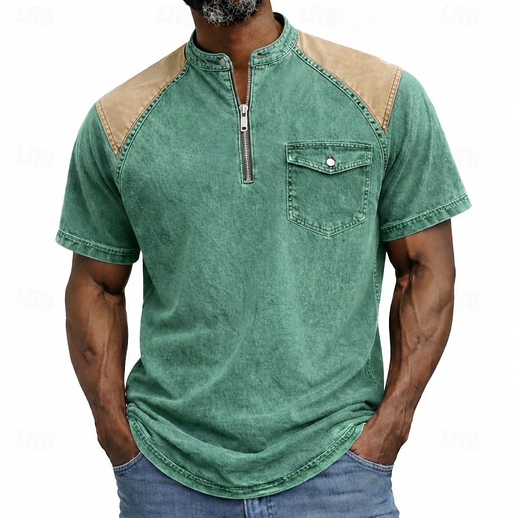 Men's Henley Shirt 100% Cotton Acid Wash Shirt Short Sleeve Plain Solid Vintage Retro Vintage Casual Zipper Vintage Style Garment Dyed Henley Casual Spring & Summer Summer Spring Black Pink Light 2026 - $33.99 –P5