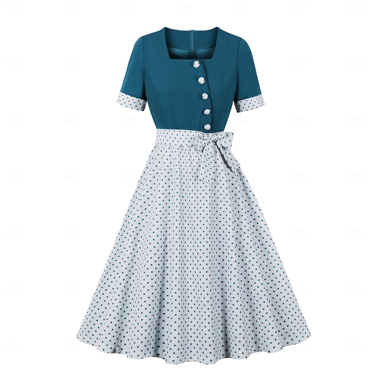Anos 50 Rockabilly Meio-dia Vestidos Mangas curtas Laço Poá Decote Quadrado Fantasia Mulheres Casual Dia a Dia Festa de Chá Adulto Vestido Primavera Verão de 2026 por $44.99 –P1
