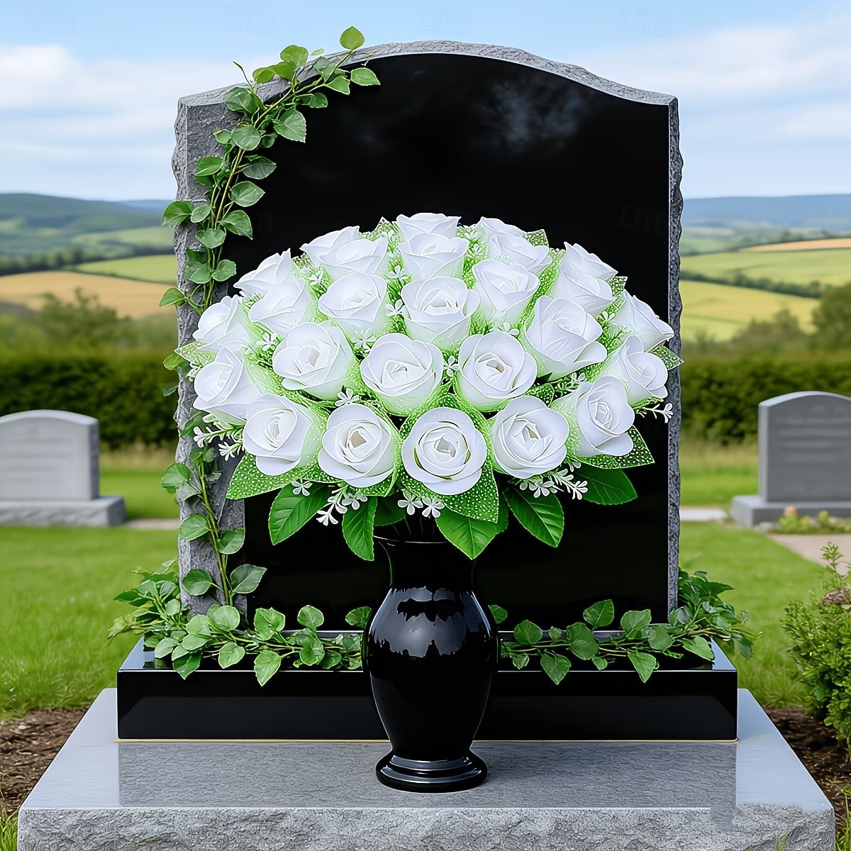 Arranjo requintado de rosas artificiais para lápides, ideal para o Dia da Memória, funerais e cemitérios, expressando condolências e despedidas a familiares e amigos. de 2026 por $14.99 –P3