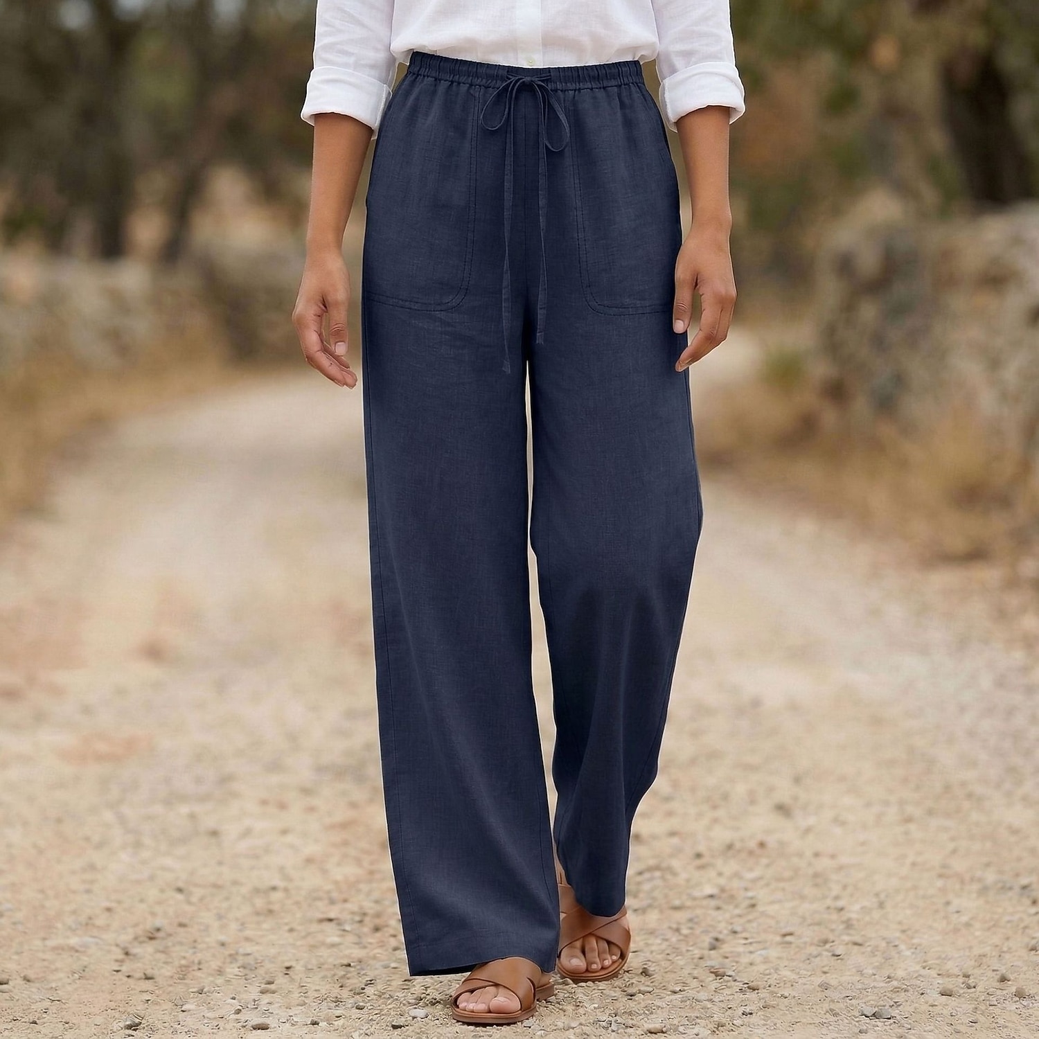 Damen Baumwollleinen Weites Bein Urlaub Basic Volle Länge Hohe Taille Einfach Bequem Unelastisch Täglich Hanf weiß Marineblau Purpur Sommer Frühling Lässiger Schnitt 2026 - $33.99 –P7