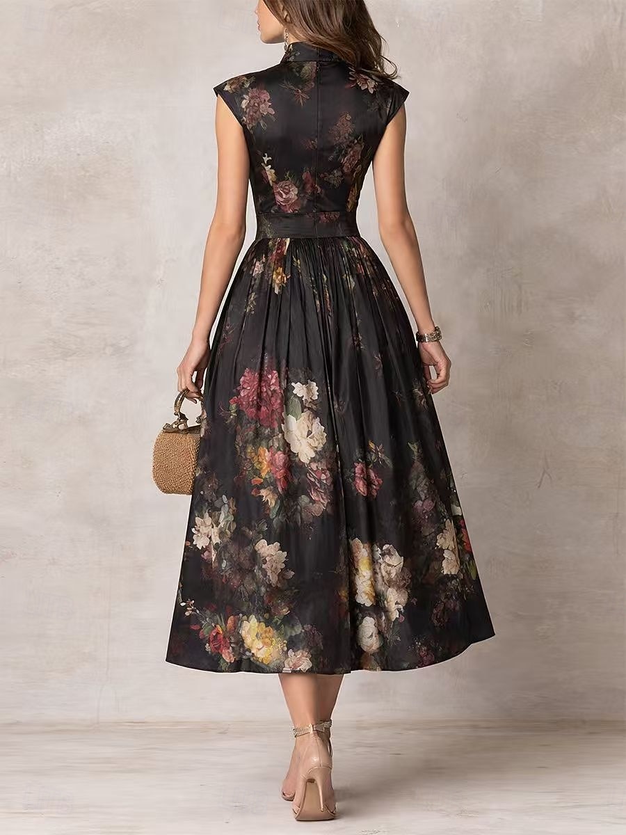 Per donna Abito Midi Abito in Raso Elegante Quotidiano Vacanza Weekend Vestibilità regolare Floreale Senza Maniche Colletto a Camicia Nero Estate del 2026 a E£2483.66 –P2