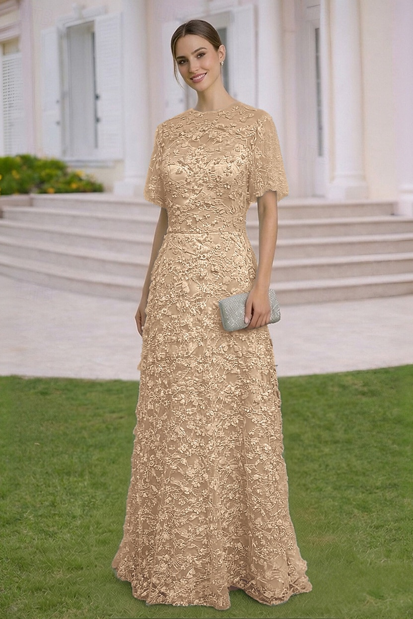 A-Line Dress Floor Length Wedding Guest Dress Formal Dresses Evening Gown Mother of the Bride Dress Short Sleeve Crew Neck Elegant Simple Embellished Formal Lace with 3D Flowers 2026 - $194.99 –P8