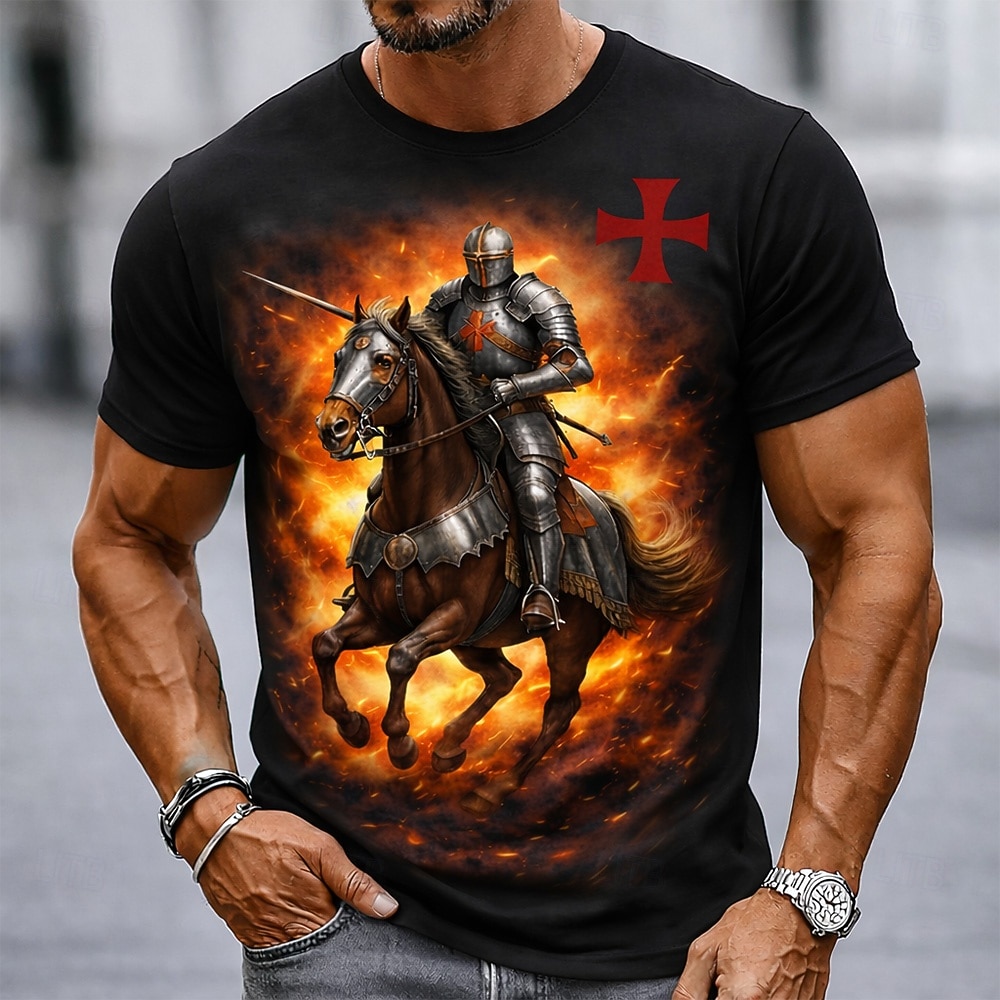 Camiseta masculina de manga curta com estampa de cavaleiro templário, armadura, cavalo, fogo, cruz vermelha, guerreiro cristão medieval, estilo épico vintage. Ajuste casual, streetwear, uso diário, de 2026 por $18.99 –P1