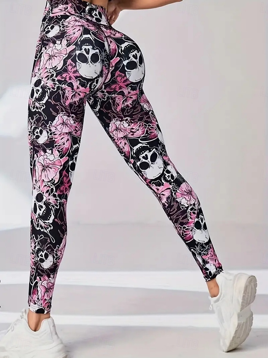 Women's Pilates Pants Yoga Pants Ruched Butt Lifting High Waist Gym Workout Running Fitness Leggings Skull Floral Botanical Pink Sports Activewear 2026 - $19.49 –P1