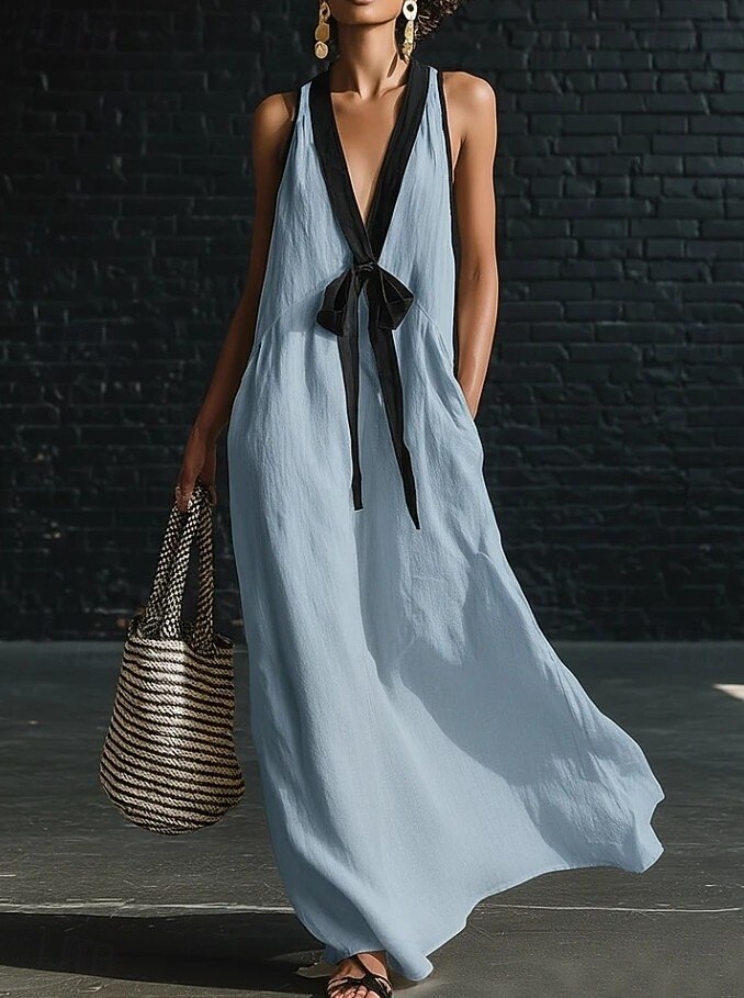 Mulheres Vestido Longo Vestidos com toque de linho Vestidos Para o Verão Vestido A Line Vestido de verão Casual Diário Festa Feriado Ajuste Largo Tecido Sem Manga Decote V Azul Amarelo Claro Branco de 2026 por $45.99 –P4